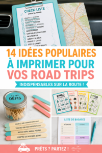 Imprimables colorés pour road trip avec une carte et une liste de contrôle, sur une table en bois.