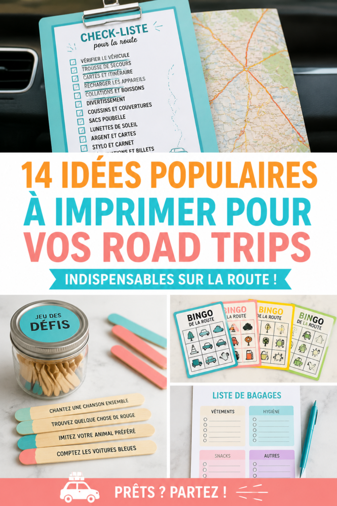Imprimables colorés pour road trip avec une carte et une liste de contrôle, sur une table en bois.