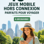 Jeux de voyage hors ligne sur un smartphone avec un paysage de voyage en arrière-plan
