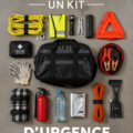 Un kit d'urgence automobile bien organisé avec des essentiels de sécurité.