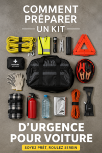 Un kit d'urgence automobile bien organisé avec des essentiels de sécurité.