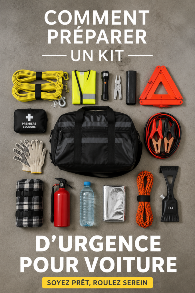 Un kit d'urgence automobile bien organisé avec des essentiels de sécurité.