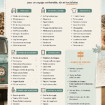 Femme préparant ses bagages pour un road trip, entourée de vêtements et équipements de voyage
