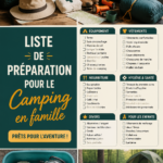 Une famille heureuse en camping, préparant leur matériel.