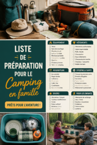 Une famille heureuse en camping, préparant leur matériel.