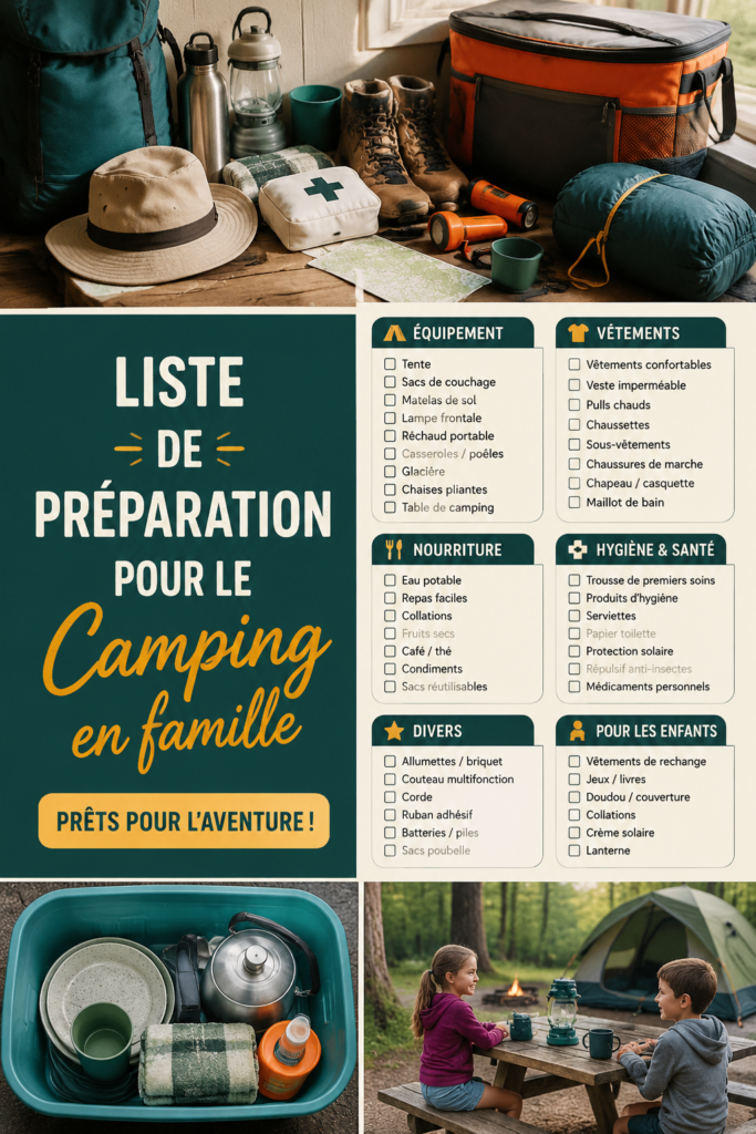 Une famille heureuse en camping, préparant leur matériel.