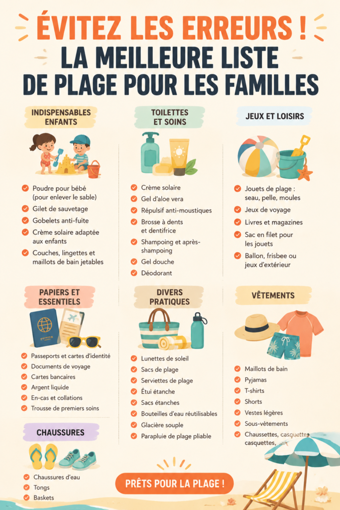 Famille rassemblée sur la plage avec tout le nécessaire pour une journée idéale