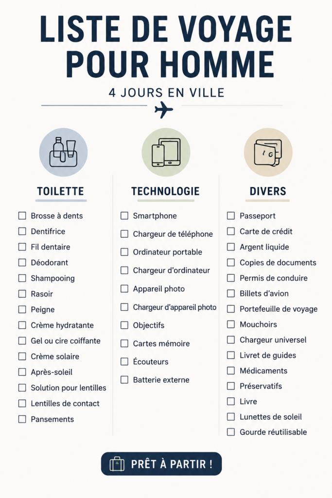 Une valise ouverte avec une checklist de voyage pour un city trip en ville.