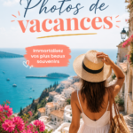 Une femme souriante prenant une photo pendant ses vacances au bord de la mer