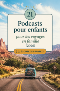 Une famille heureuse écoutant des podcasts pendant un voyage en voiture