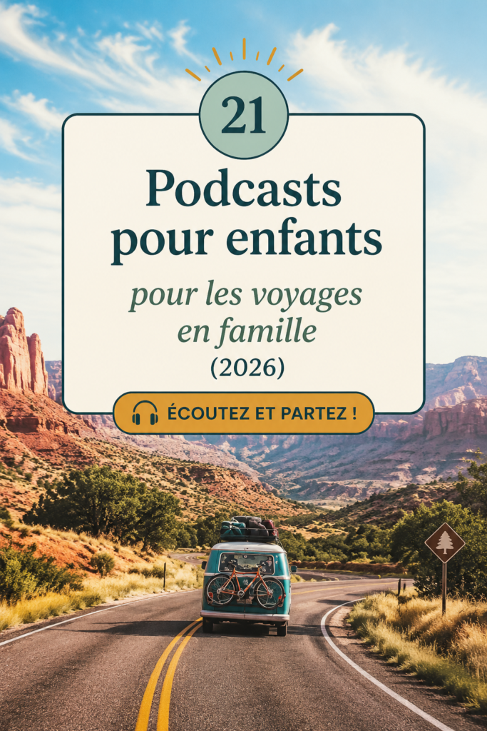 Une famille heureuse écoutant des podcasts pendant un voyage en voiture