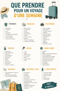 Femme préparant une valise pour un voyage d'une semaine, avec des vêtements soigneusement pliés et des accessoires.