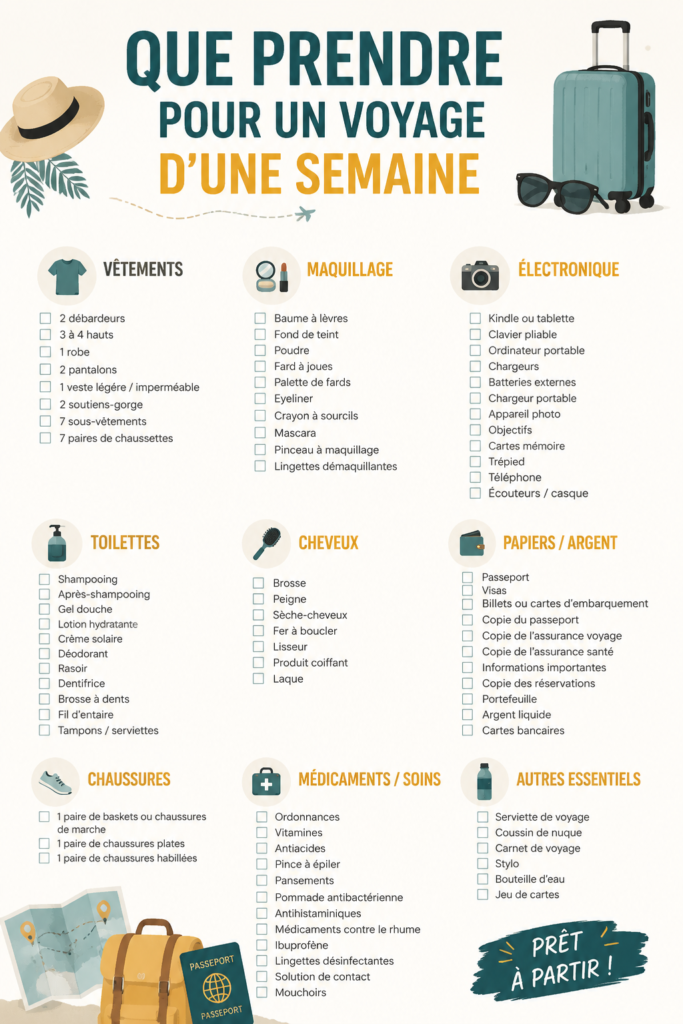 Femme préparant une valise pour un voyage d'une semaine, avec des vêtements soigneusement pliés et des accessoires.