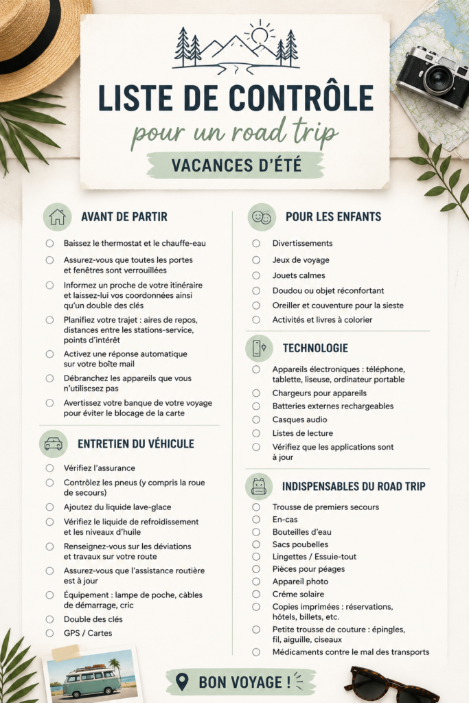 Checklist pour un road trip d'été avec des équipements essentiels