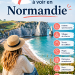 Paysage côtier en Normandie avec falaises et mer calme.