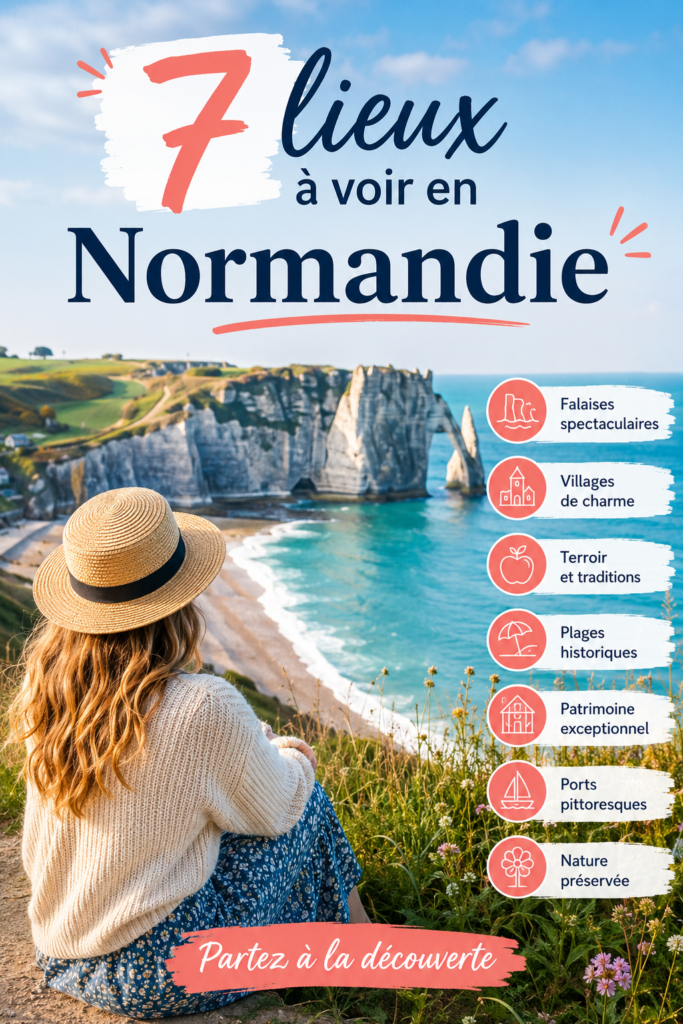 Paysage côtier en Normandie avec falaises et mer calme.