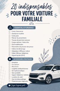 Accessoires de voiture pour les voyages en famille, incluant coussins et organiseurs.