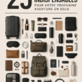 Femme souriante préparant son sac de voyage avec des accessoires pratiques pour une aventure solo.