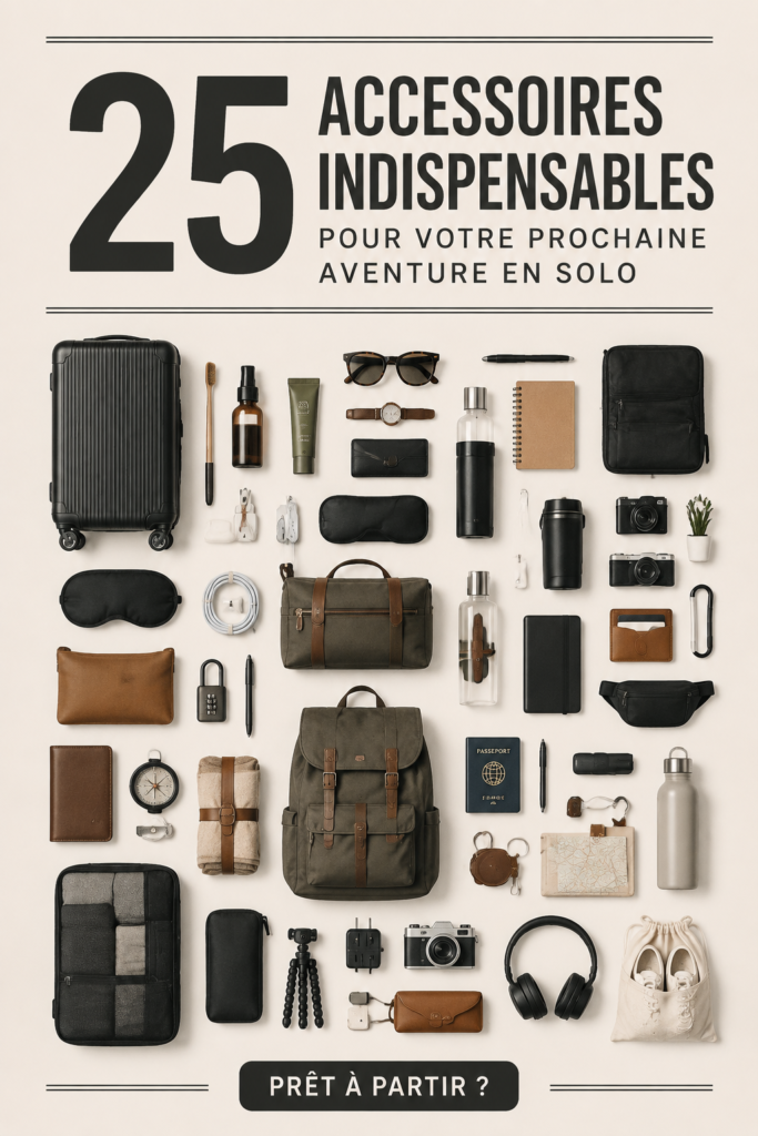 Femme souriante préparant son sac de voyage avec des accessoires pratiques pour une aventure solo.
