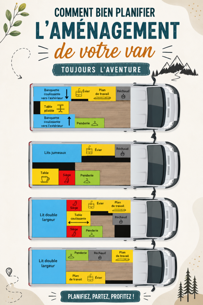 Aménagement d'un van confortable avec des rangements pratiques