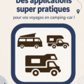 Un couple souriant devant leur camping-car avec des appareils mobiles, illustrant l'utilisation d'applications de voyage.