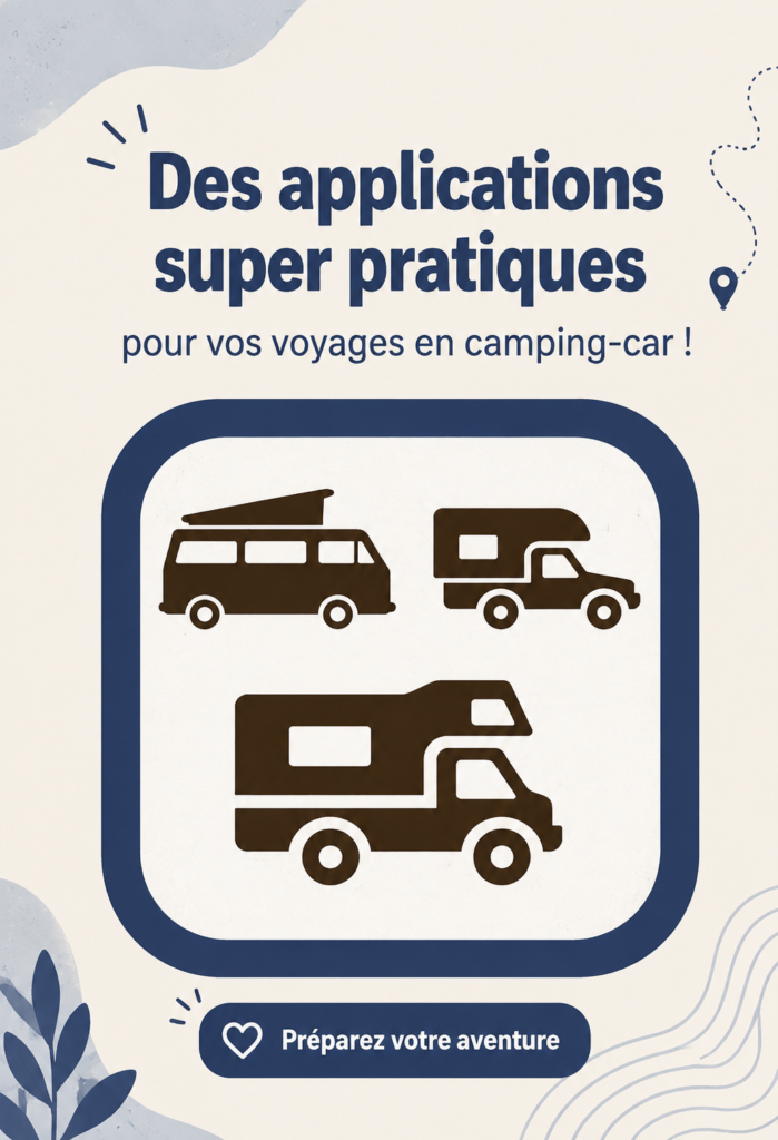Un couple souriant devant leur camping-car avec des appareils mobiles, illustrant l'utilisation d'applications de voyage.