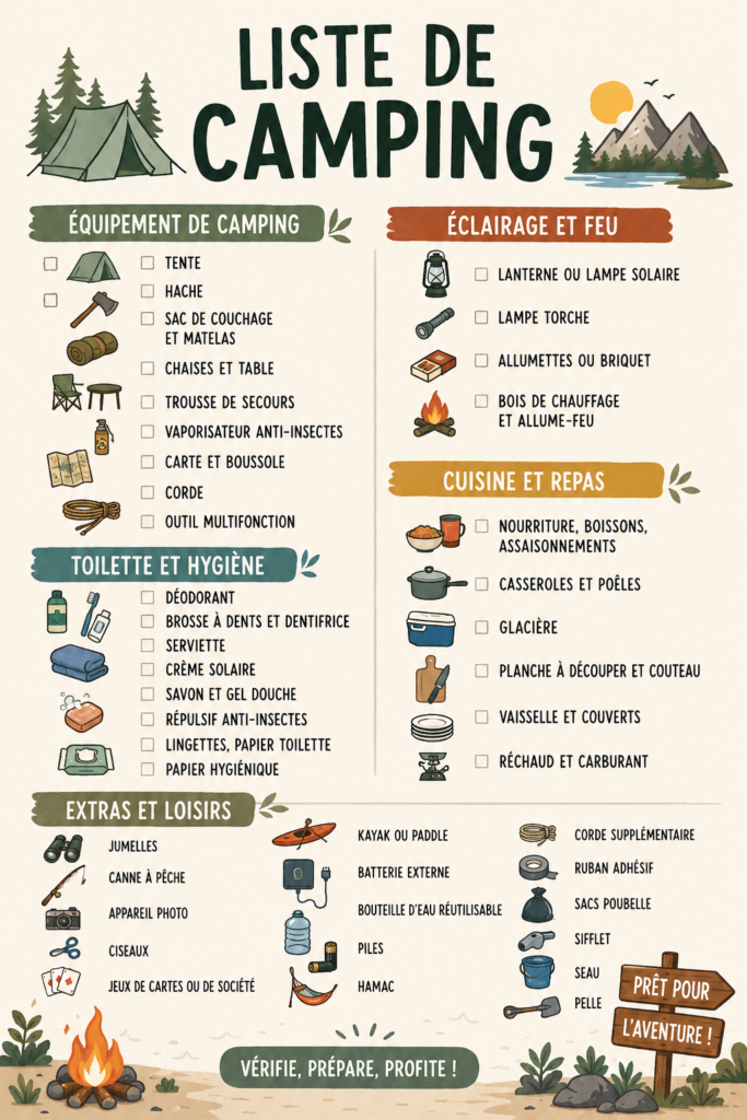 Une famille heureuse en camping avec une checklist sur une table