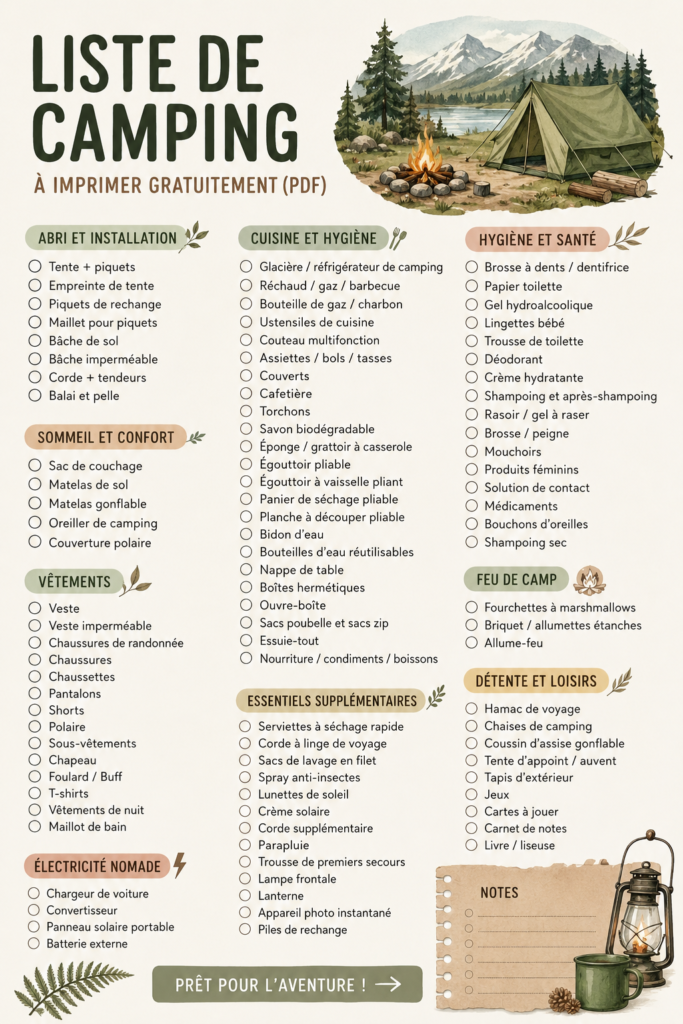 Une checklist de camping imprimable avec des éléments essentiels pour les familles