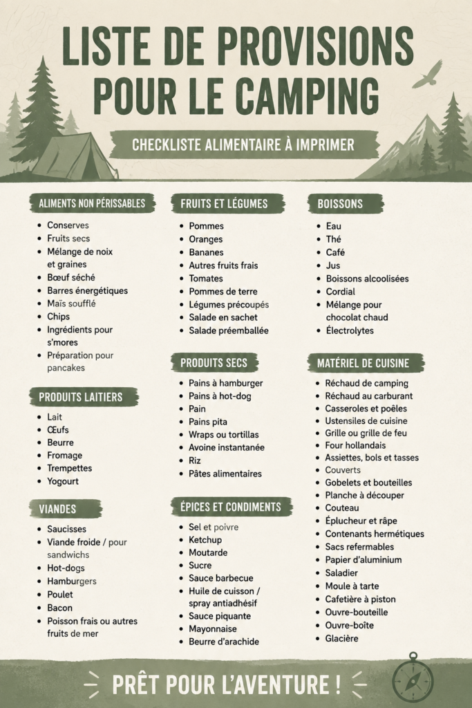 Checklist de repas à imprimer pour le camping