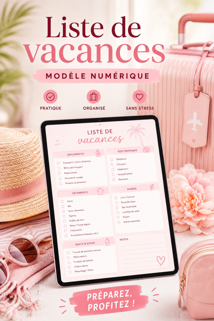 Modèle numérique de checklist de vacances sur un fond rose