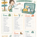 Checklist de classe verte à imprimer, avec une valise prête pour le départ.