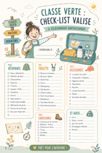 Checklist de classe verte à imprimer, avec une valise prête pour le départ.