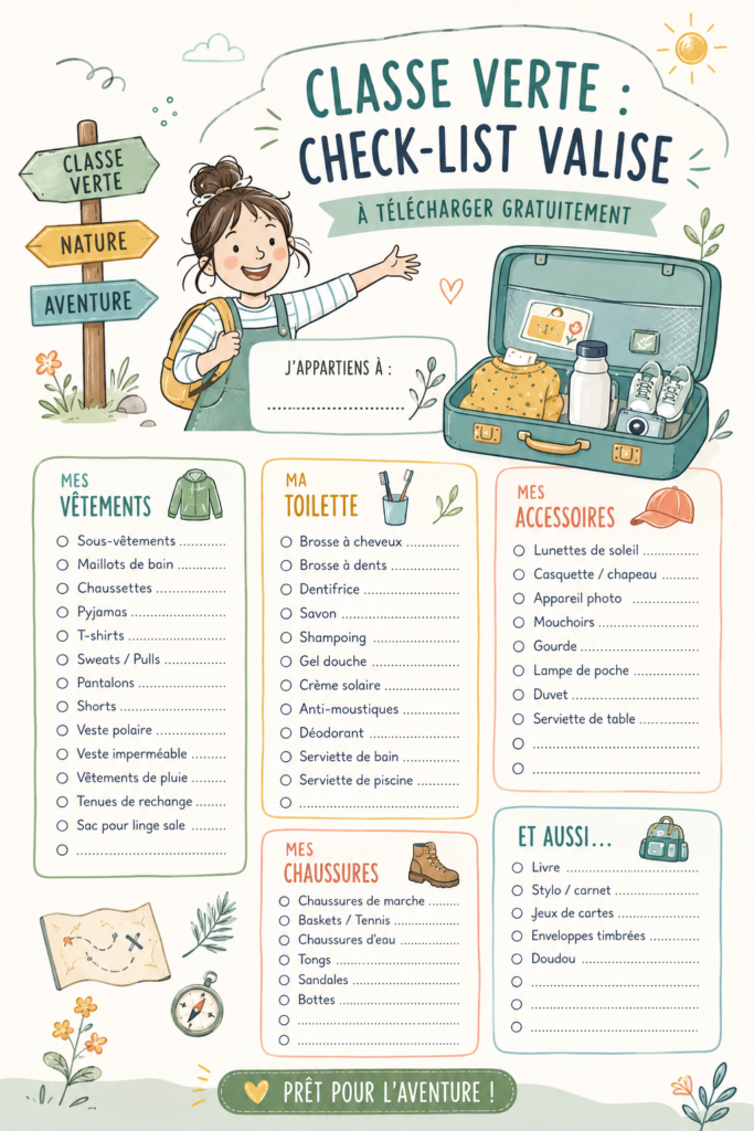 Checklist de classe verte à imprimer, avec une valise prête pour le départ.