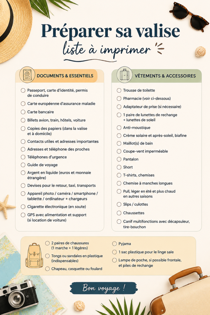 Couverture d'une checklist imprimable pour préparer sa valise pour les voyages en famille.