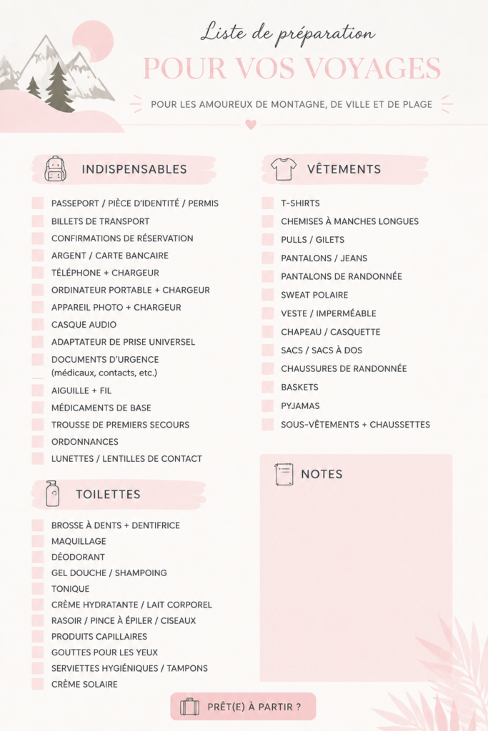 Checklist de voyage pour famille prête à être utilisée pour des vacances à la montagne, en ville ou à la plage.