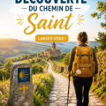 Une famille marchant sur le chemin de Saint-Guilhem, entourée par la nature verdoyante.