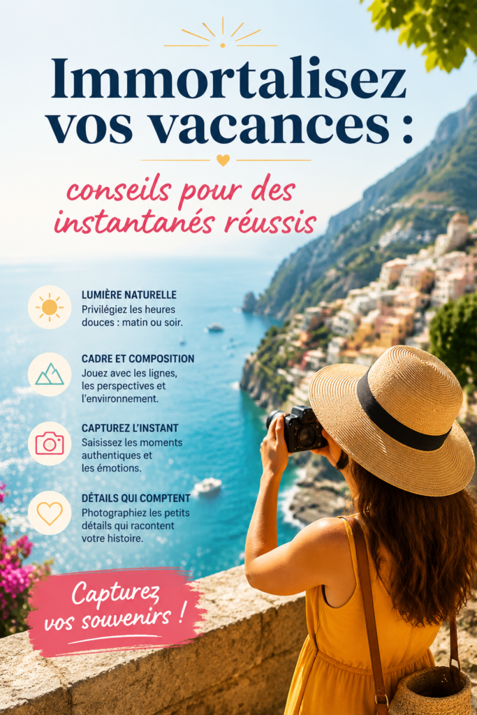 Une famille souriante prenant des photos souvenirs lors de leurs vacances
