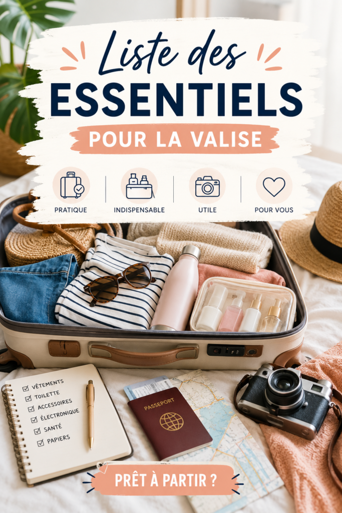 Une valise bien préparée avec des essentiels pour un voyage en famille.