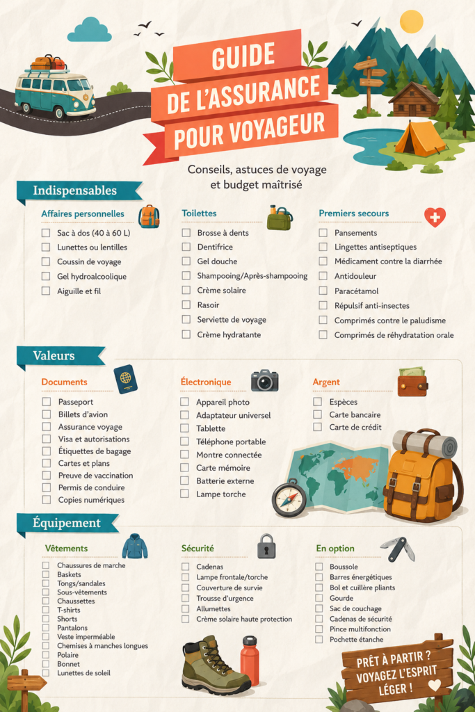 Femme préparant un sac à dos pour un voyage avec des éléments essentiels et un document d'assurance