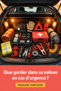 Un kit d'urgence automobile bien organisé à l'arrière d'une voiture familiale