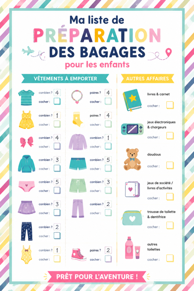 Modèle imprimable de liste d'emballage pour enfants, utile pour les voyages en famille.