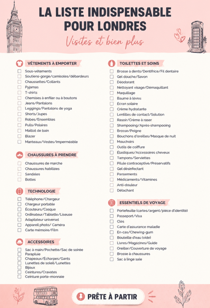 Famille préparant leurs valises pour Londres avec une checklist.