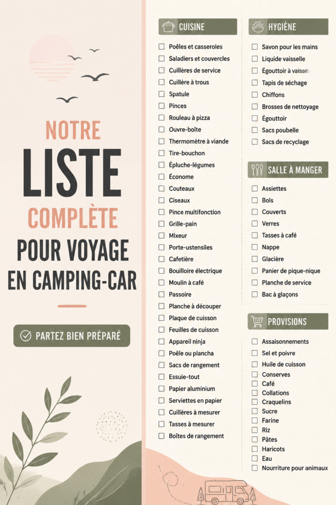Famille heureuse préparant un voyage en camping-car avec une liste de choses à emporter.