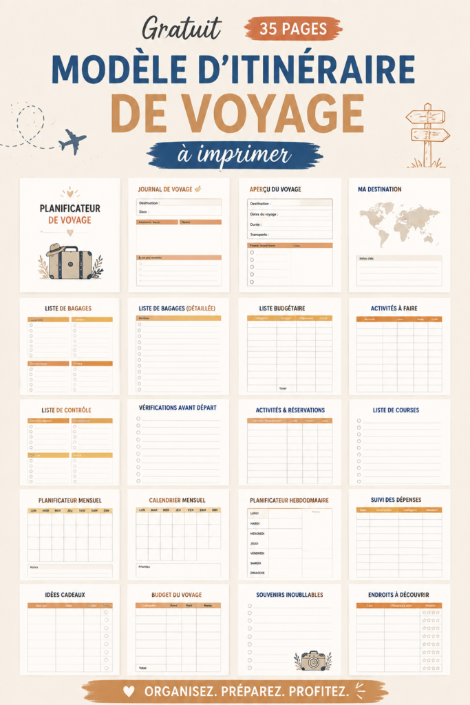 Modèle d'itinéraire de voyage imprimable sur un bureau