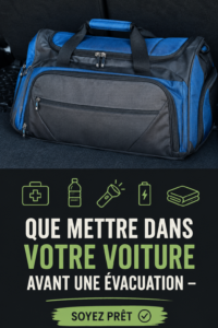 Plein de fournitures et d'articles essentiels dans le coffre d'une voiture prêts pour une évacuation.