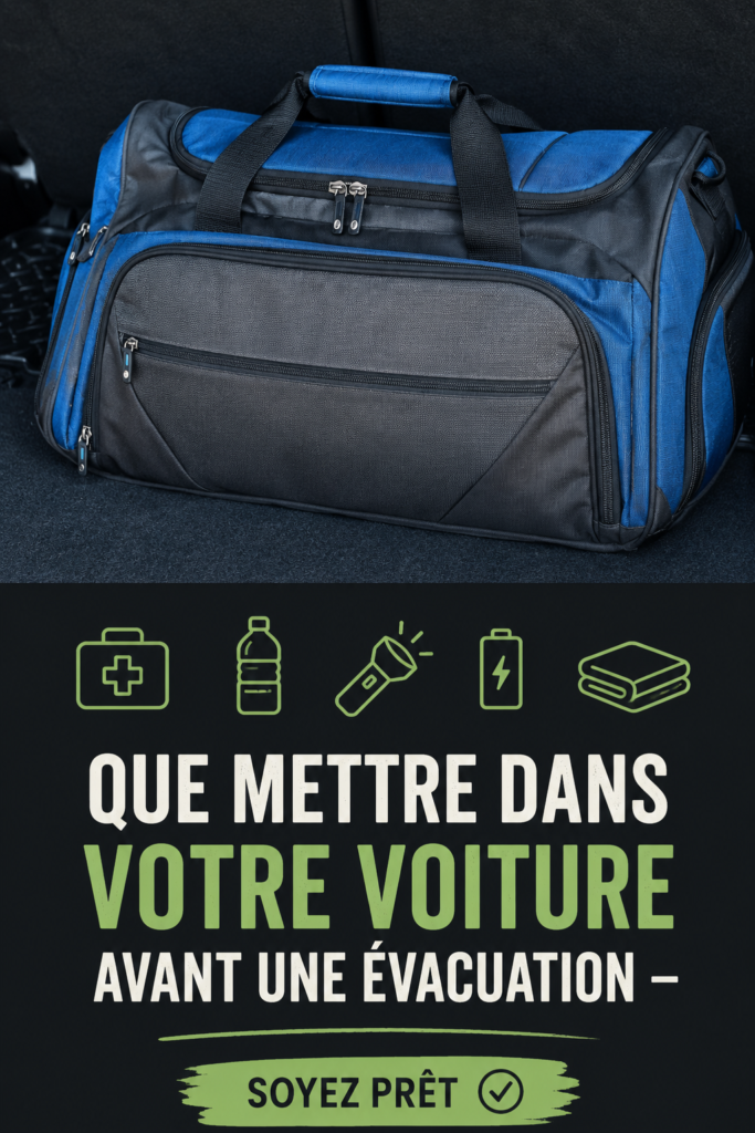 Plein de fournitures et d'articles essentiels dans le coffre d'une voiture prêts pour une évacuation.