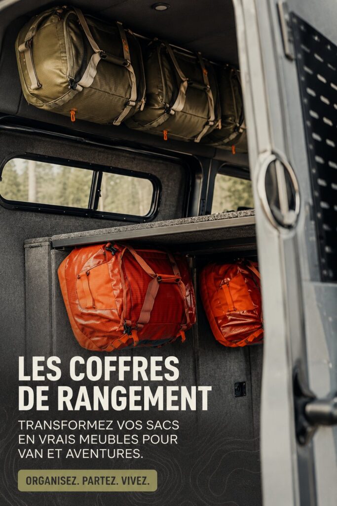Organisation astucieuse d'un van avec des sacs transformés en rangements