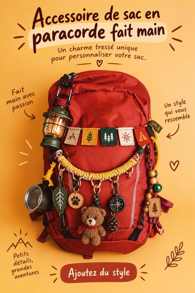 Charm en paracorde fait main accroché à un sac coloré.
