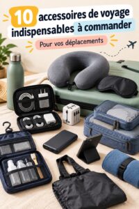 Accessoires de voyage pratiques sur une table, comprenant une poche de rangement et un coussin de voyage.