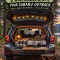 Une Subaru Outback aménagée pour le camping avec un espace confortable à l'arrière.